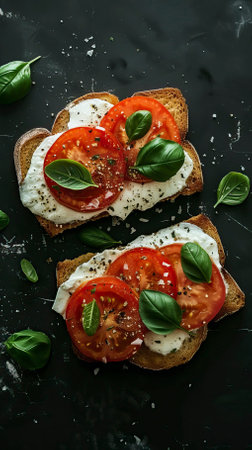 Tomato Basil Mozzarella Toast, Black Surface Table, minimalistic decorの素材