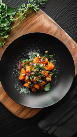 Sweet Potato Hash, Black Surface Table, minimalistic decorの素材