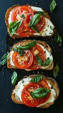 Tomato Basil Mozzarella Toast, Black Surface Table, minimalistic decorの素材