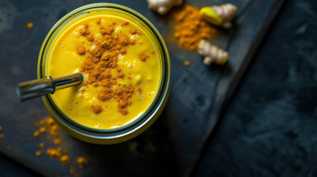 Turmeric Smoothie, Black Surface Table, minimalistic decorの素材
