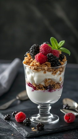 Yogurt and Berry Parfait, Black Surface Table, minimalistic decorの素材