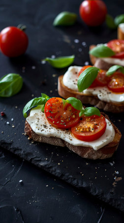 Tomato Basil Mozzarella Toast, Black Surface Table, minimalistic decorの素材