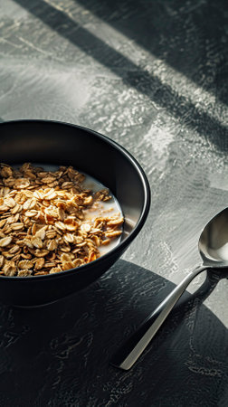 Whole Grain Cereal with Milk, Black Surface Table, minimalistic decorの素材