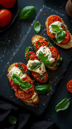 Tomato Basil Mozzarella Toast, Black Surface Table, minimalistic decorの素材