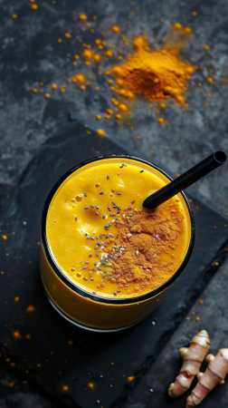 Turmeric Smoothie, Black Surface Table, minimalistic decorの素材