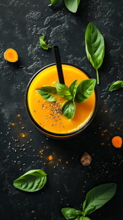 Turmeric Smoothie, Black Surface Table, minimalistic decorの素材