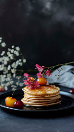 Whole Grain Pancakes, Black Surface Table, minimalistic decorの素材