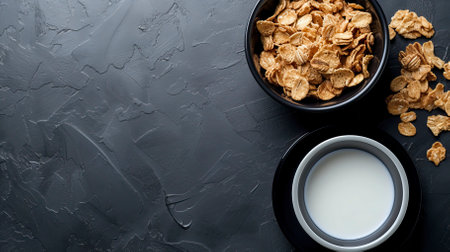 Whole Grain Cereal with Milk, Black Surface Table, minimalistic decorの素材
