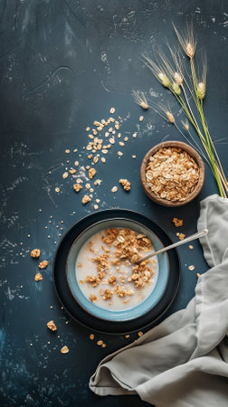 Whole Grain Cereal with Milk, Black Surface Table, minimalistic decorの素材