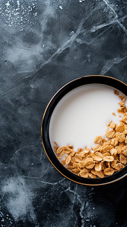 Whole Grain Cereal with Milk, Black Surface Table, minimalistic decorの素材