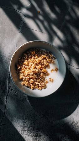 Whole Grain Cereal with Milk, Black Surface Table, minimalistic decorの素材