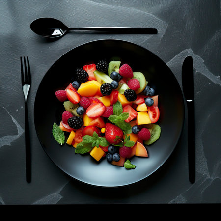 Fruit Salad, Black Surface Table, minimalistic decorの素材