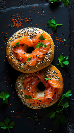 Smoked Salmon Bagel, Black Surface Table, minimalistic decorの素材