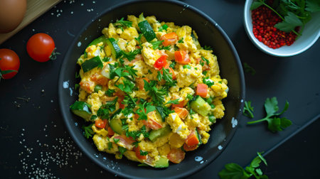 Egg and Veggie Scramble, Black Surface Table, minimalistic decorの素材