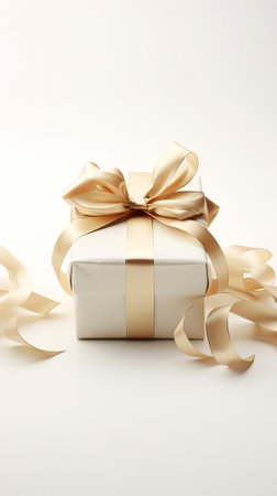 Gift box with gold ribbon on white background. 3D renderingの素材