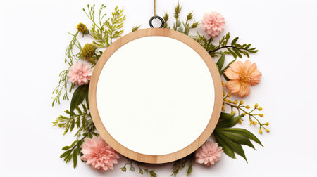 Wooden frame with flowers on white background. Flat lay, top viewの素材