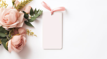 Flowers composition. Blank gift tag on white background. Flat lay, top view, copy spaceの素材