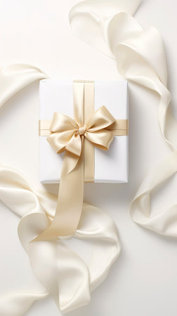 White gift box with gold ribbon and bow on white silk background.の素材