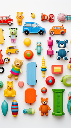 Colorful toys on white background. Top view. Flat lay.の素材