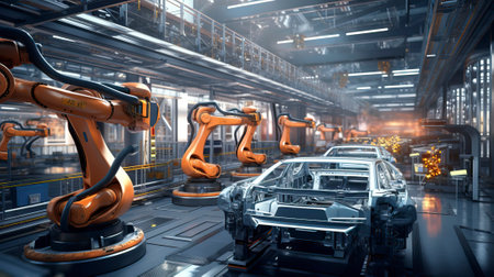 Automated robotics futuristic electric cars factoryの素材
