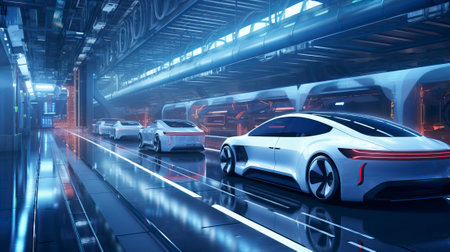 Automated robotics futuristic electric cars factoryの素材