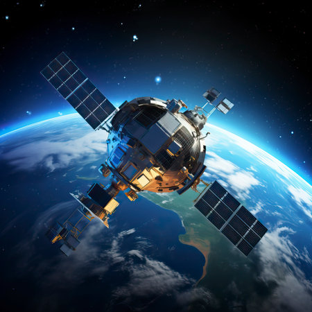 Telecom communication satellite orbiting around the globeの素材