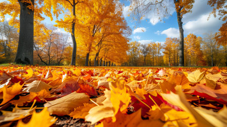 Autumn landscape with yellow leaves on the ground in the park.