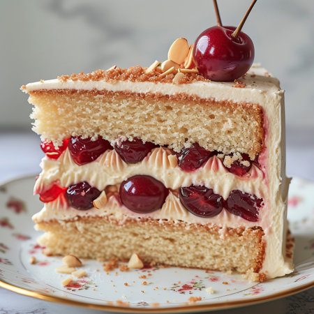 Cherry Almond Amaretto Cake Slice , Birthday Cake, Sweet item, Anniversarry Cake, Food Photographyの素材