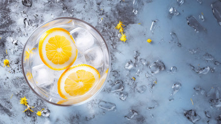 Alcoholic gin tonic  drink with ice and lemon on a Table with Beautiful Lightingの素材