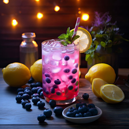 Blueberry Vodka Lemonade drinks on a Table with Beautiful Lightingの素材