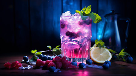 Blueberry Vodka Lemonade drinks on a Table with Beautiful Lightingの素材