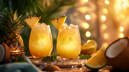 Coconut Pineapple Rum Punch drinks on a Table with Beautiful Lightingの素材