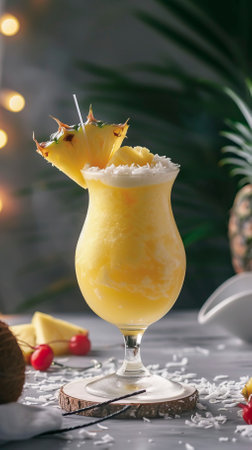 Coconut Pineapple Rum Punch drinks on a Table with Beautiful Lightingの素材
