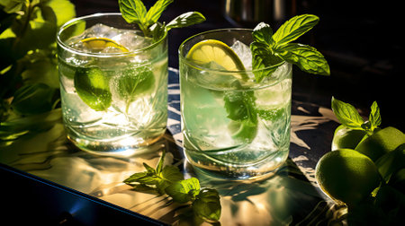 Lime and Basil Gin Tonic drinks on a Table with Beautiful Lightingの素材