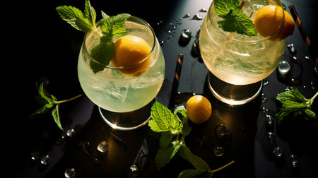 Melon Ball Vodka Spritz drinks on a Table with Beautiful Lightingの素材