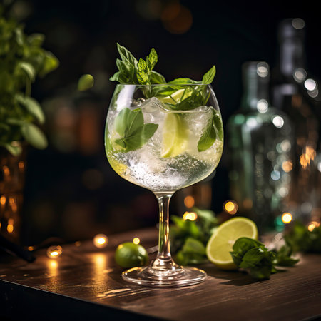 Lime and Basil Gin Tonic drinks on a Table with Beautiful Lightingの素材