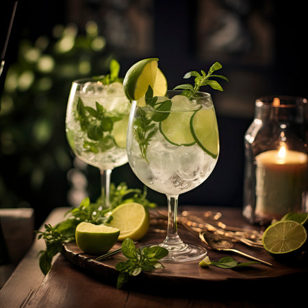 Lime and Basil Gin Tonic drinks on a Table with Beautiful Lightingの素材