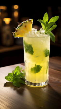 Pineapple Mojito drinks on a Table with Beautiful Lightingの素材
