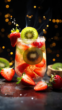 Strawberry Kiwi Sparkler drinks on a Table with Beautiful Lightingの素材