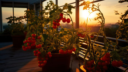 Cherry Tomato Plants on a Balcony Garden at Sunsetの素材