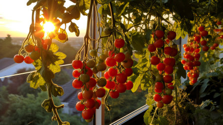 Cherry Tomato Plants on a Balcony Garden at Sunsetの素材