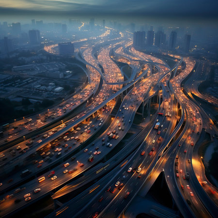 Car traffic moving on highway, aerial viewの素材
