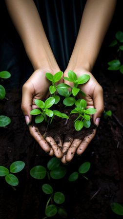 hands holding several green plants, Happy Environment Dayの素材