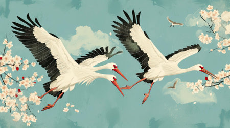 japanese storks in vintage style on Blue backgroundの素材