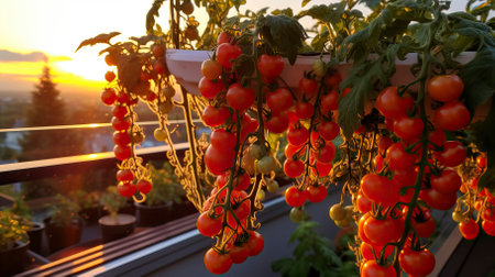Cherry Tomato Plants on a Balcony Garden at Sunsetの素材