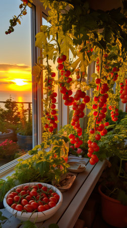 Cherry Tomato Plants on a Balcony Garden at Sunsetの素材