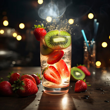 Strawberry Kiwi Sparkler drinks on a Table with Beautiful Lightingの素材