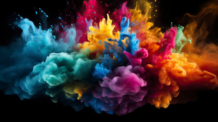 Explosion of colored powder on black backgroundの素材