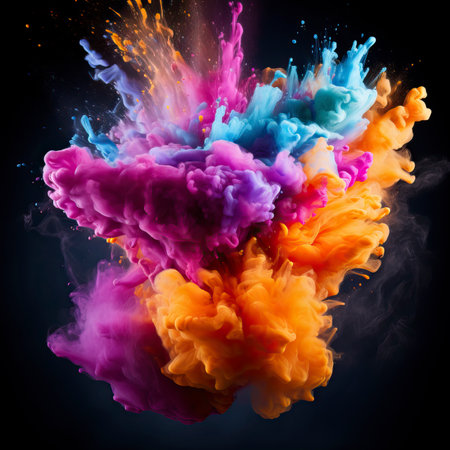 Explosion of colored powder on black backgroundの素材