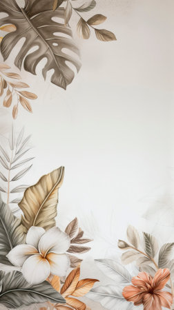 A watercolour delicate muted colour border of exotic tropical leaves at the bottom of the page on a white backgroundの素材